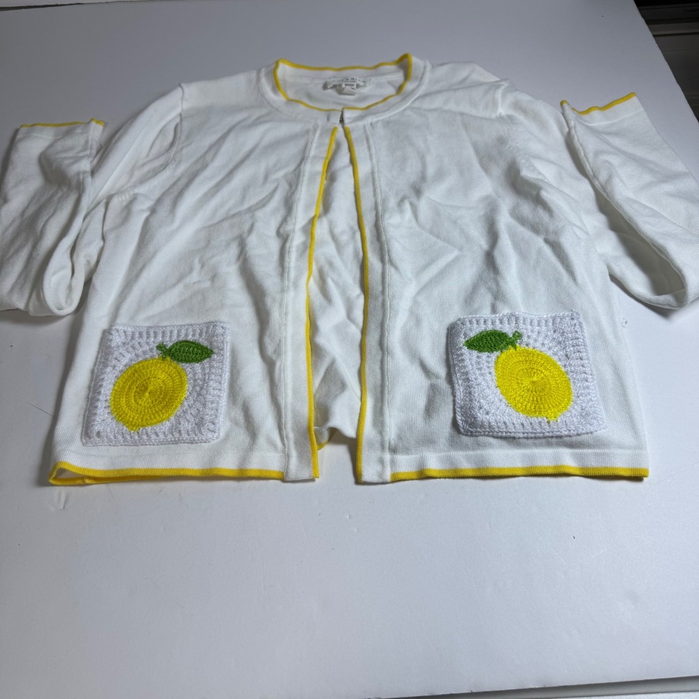 Rio & Rian New York White Cardigan Crochet Lemon Pockets Yellow Trim Small